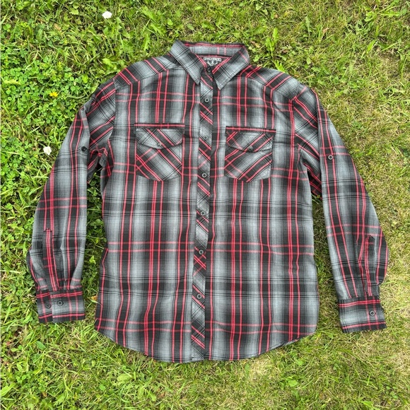 Straight Faded Mens L Black Red Gray Plaid L/S Button-Up Shirt Cowboy Biker - Picture 1 of 6